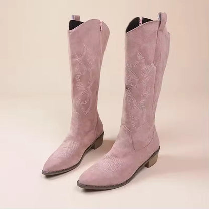Embroidered Western Cowboy Boots for Women Autumn Pointed Toe Thick Heel High Knee Boots Woman Loose PU Leather Long Botas Mujer - CB023