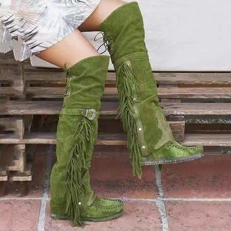 Fashion Bohemia Knee-length Women Boots Ethnic Personality High Boot Tassels Faux Suede Boots Girl Flat Bottom Long Botas Mujer - CB028