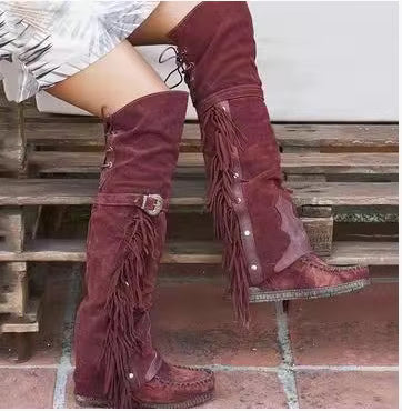 Fashion Bohemia Knee-length Women Boots Ethnic Personality High Boot Tassels Faux Suede Boots Girl Flat Bottom Long Botas Mujer - CB028