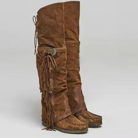 Fashion Bohemia Knee-length Women Boots Ethnic Personality High Boot Tassels Faux Suede Boots Girl Flat Bottom Long Botas Mujer - CB028