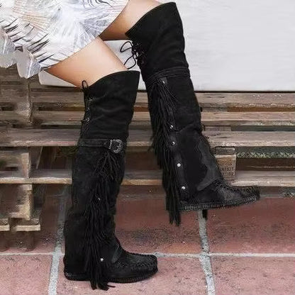 Fashion Bohemia Knee-length Women Boots Ethnic Personality High Boot Tassels Faux Suede Boots Girl Flat Bottom Long Botas Mujer - CB028
