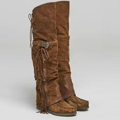 Fashion Bohemia Knee-length Women Boots Ethnic Personality High Boot Tassels Faux Suede Boots Girl Flat Bottom Long Botas Mujer - CB028