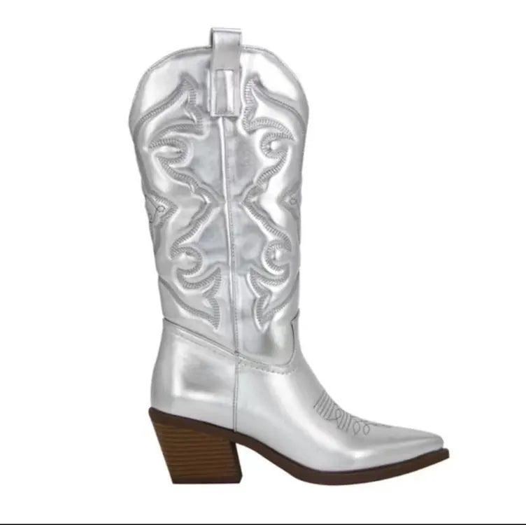 Fashion Women 2023 Cowboy Short Ankle Boots for Women Chunky Heel Cowgirl Boots Embroidered Mid Calf Western Boots Hot - CB047