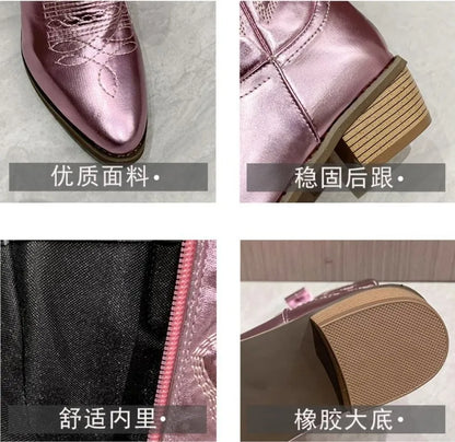 Fashion Women 2023 Cowboy Short Ankle Boots for Women Chunky Heel Cowgirl Boots Embroidered Mid Calf Western Boots Hot - CB047