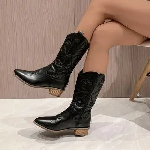 Fashion Women 2023 Cowboy Short Ankle Boots for Women Chunky Heel Cowgirl Boots Embroidered Mid Calf Western Boots Hot - CB047