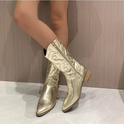 Fashion Women 2023 Cowboy Short Ankle Boots for Women Chunky Heel Cowgirl Boots Embroidered Mid Calf Western Boots Hot - CB047