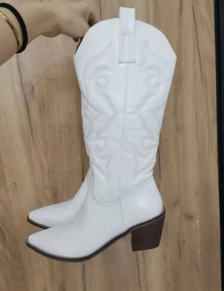 Fashion Women 2023 Cowboy Short Ankle Boots for Women Chunky Heel Cowgirl Boots Embroidered Mid Calf Western Boots Hot - CB047