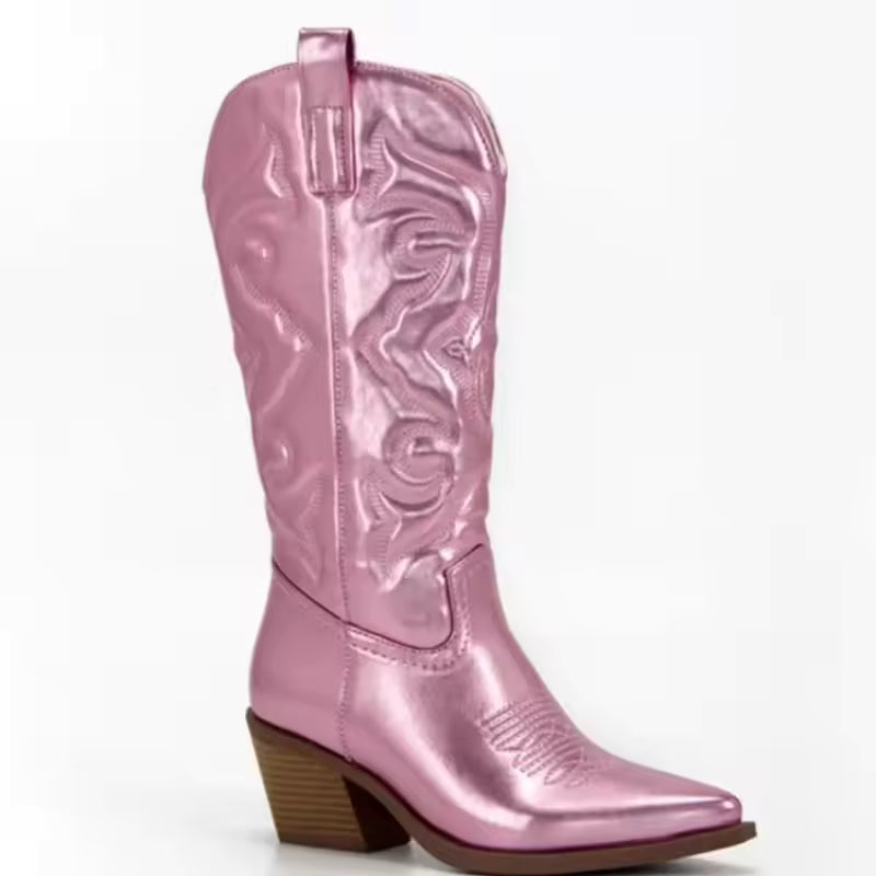 Fashion Women 2023 Cowboy Short Ankle Boots for Women Chunky Heel Cowgirl Boots Embroidered Mid Calf Western Boots Hot - CB047