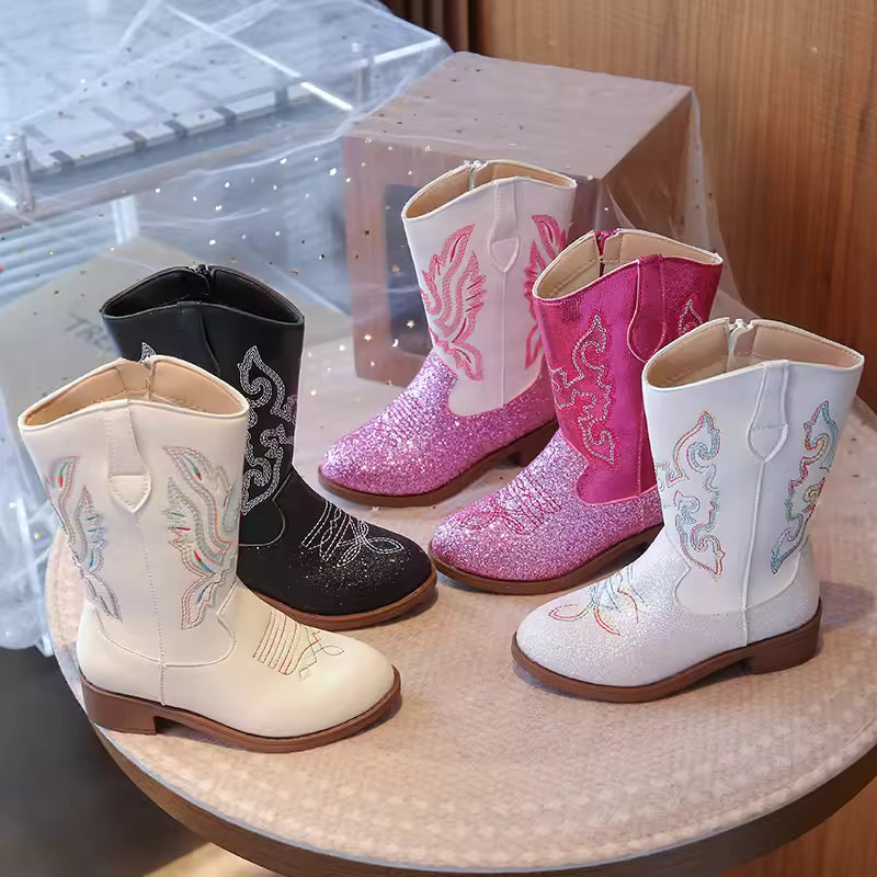 Girls Boots Toddler Snow Gear Mid Calf Glitter Western Cowboy Boot 2025 Autumn Big Kid Riding Girls Botas Size 27-36 Kids Shoes - CB071