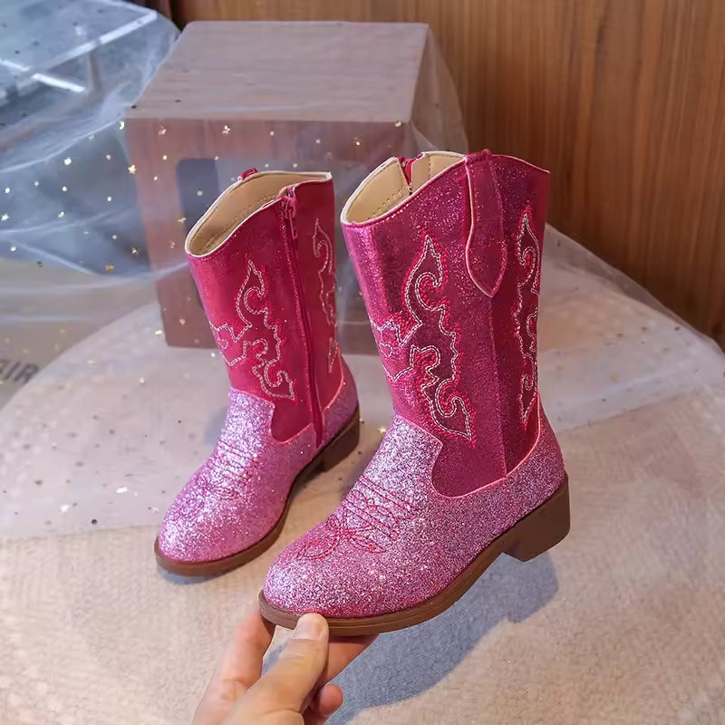 Girls Boots Toddler Snow Gear Mid Calf Glitter Western Cowboy Boot 2025 Autumn Big Kid Riding Girls Botas Size 27-36 Kids Shoes - CB071