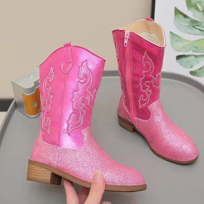 Girls Boots Toddler Snow Gear Mid Calf Glitter Western Cowboy Boot 2025 Autumn Big Kid Riding Girls Botas Size 27-36 Kids Shoes - CB071