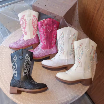 Girls Boots Toddler Snow Gear Mid Calf Glitter Western Cowboy Boot 2025 Autumn Big Kid Riding Girls Botas Size 27-36 Kids Shoes - CB071