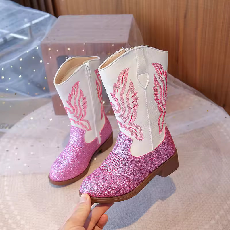 Girls Boots Toddler Snow Gear Mid Calf Glitter Western Cowboy Boot 2025 Autumn Big Kid Riding Girls Botas Size 27-36 Kids Shoes - CB071