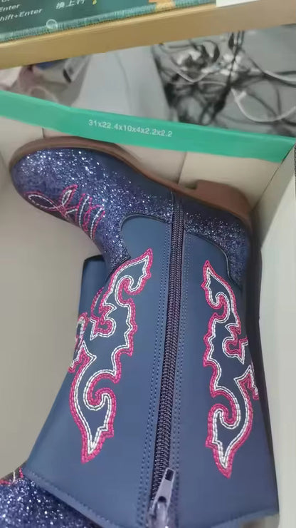 Girls Boots Toddler Snow Gear Mid Calf Glitter Western Cowboy Boot 2025 Autumn Big Kid Riding Girls Botas Size 27-36 Kids Shoes - CB071