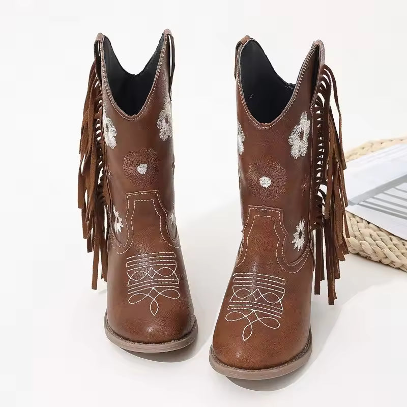 Girls Floral Knee High Boots Quality Slip-on Children Fringe Cowboy Long Boots Kids Heeled Point Toe Boots Western Style 2025 - CB086
