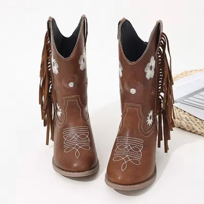 Girls Floral Knee High Boots Quality Slip-on Children Fringe Cowboy Long Boots Kids Heeled Point Toe Boots Western Style 2025 - CB086