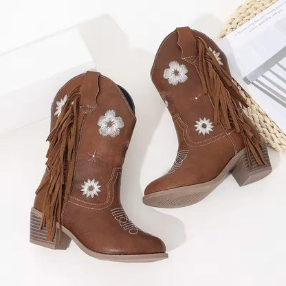 Girls Floral Knee High Boots Quality Slip-on Children Fringe Cowboy Long Boots Kids Heeled Point Toe Boots Western Style 2025 - CB086