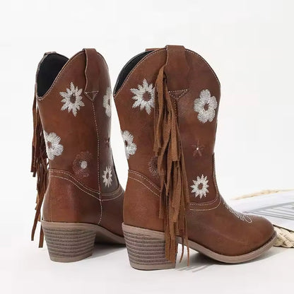 Girls Floral Knee High Boots Quality Slip-on Children Fringe Cowboy Long Boots Kids Heeled Point Toe Boots Western Style 2025 - CB086