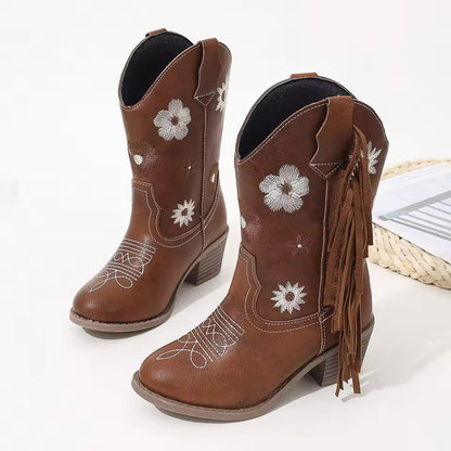 Girls Floral Knee High Boots Quality Slip-on Children Fringe Cowboy Long Boots Kids Heeled Point Toe Boots Western Style 2025 - CB086