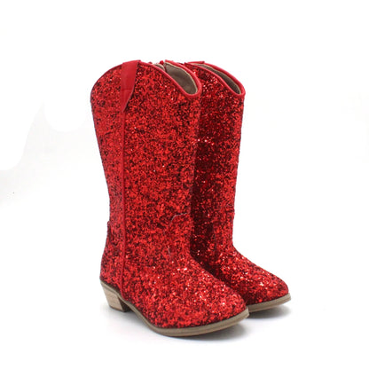 Girls Knee High Riding Boots Baby Toddler Little/Big Kids Glitter Cowboy Cowgirl Autumn Winter Zipper Low Heel Pumps Sequin Shoe - CB080