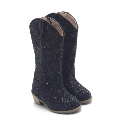 Girls Knee High Riding Boots Baby Toddler Little/Big Kids Glitter Cowboy Cowgirl Autumn Winter Zipper Low Heel Pumps Sequin Shoe - CB080