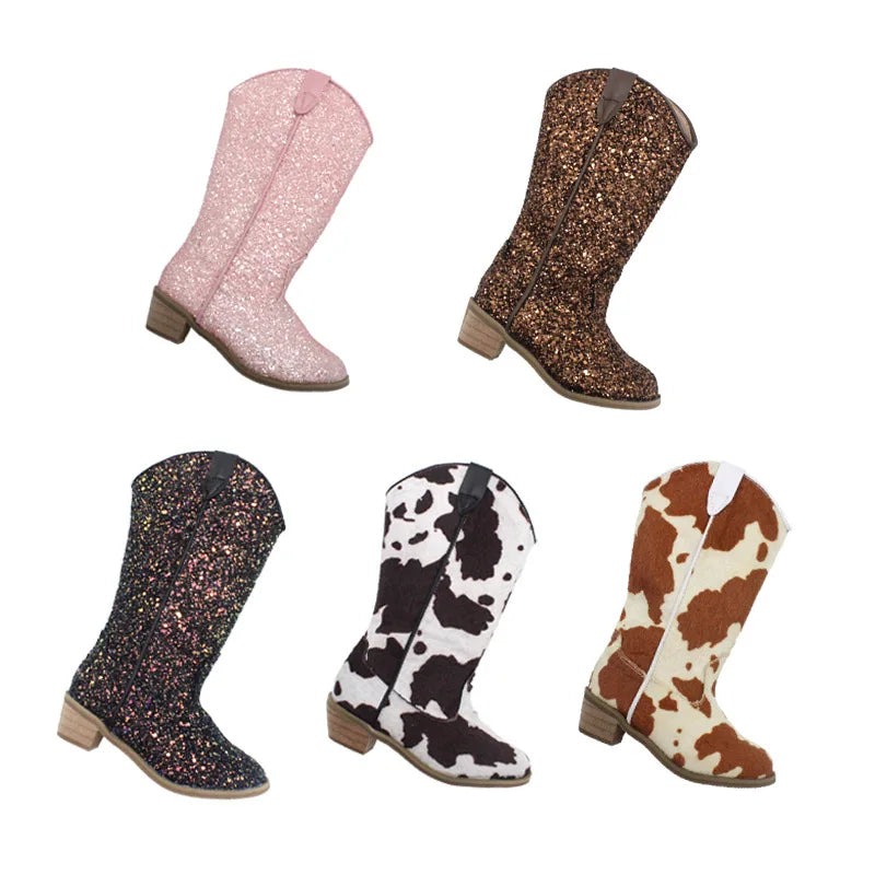 Girls Knee High Riding Boots Baby Toddler Little/Big Kids Glitter Cowboy Cowgirl Autumn Winter Zipper Low Heel Pumps Sequin Shoe - CB080
