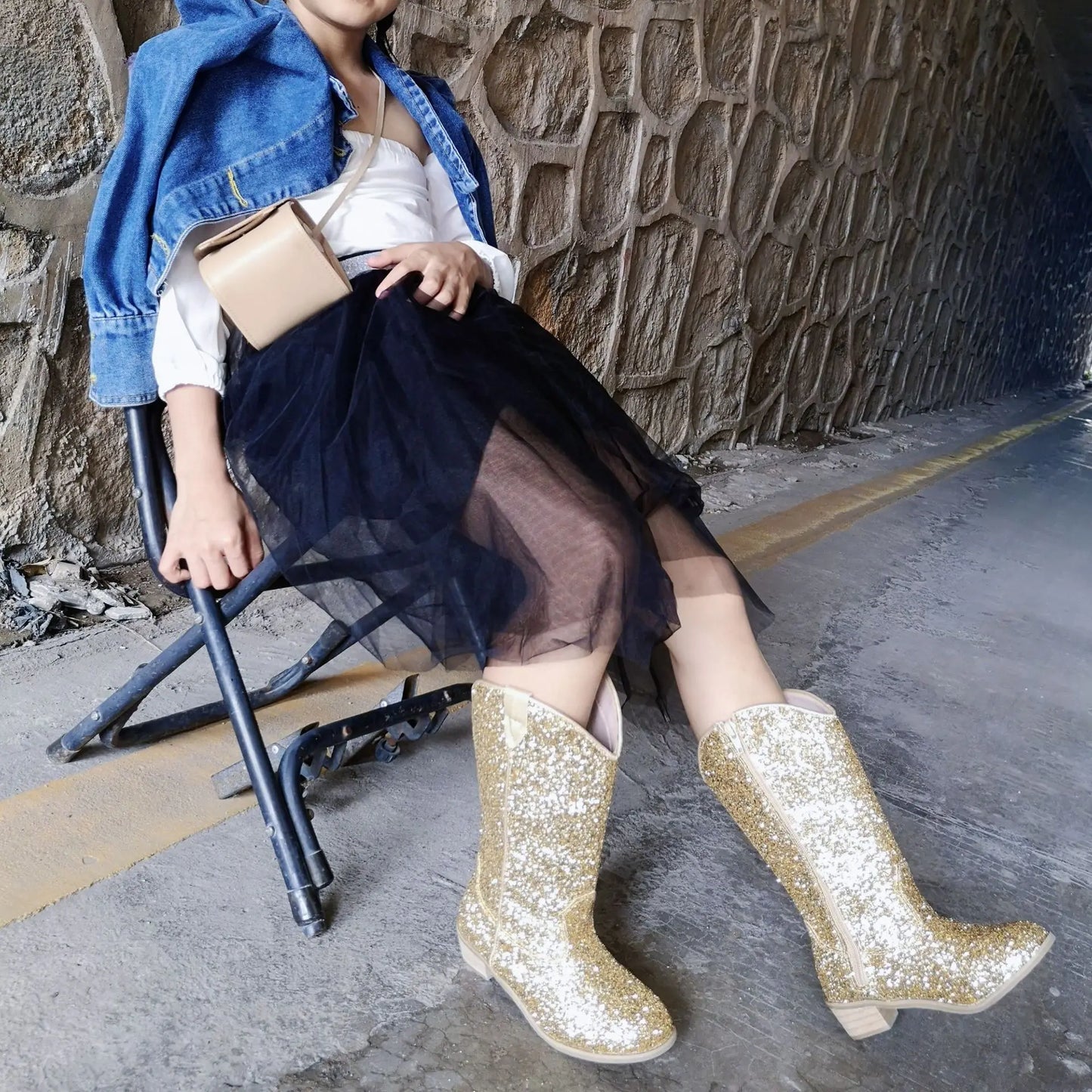 Girls Knee High Riding Boots Baby Toddler Little/Big Kids Glitter Cowboy Cowgirl Autumn Winter Zipper Low Heel Pumps Sequin Shoe - CB080