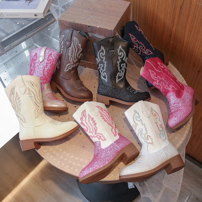 Girls' PU Leather Western Embroidered Glitter Side-Zip Mid-Calf Round Toe Cowgirl Boots - Pink/White product image 1