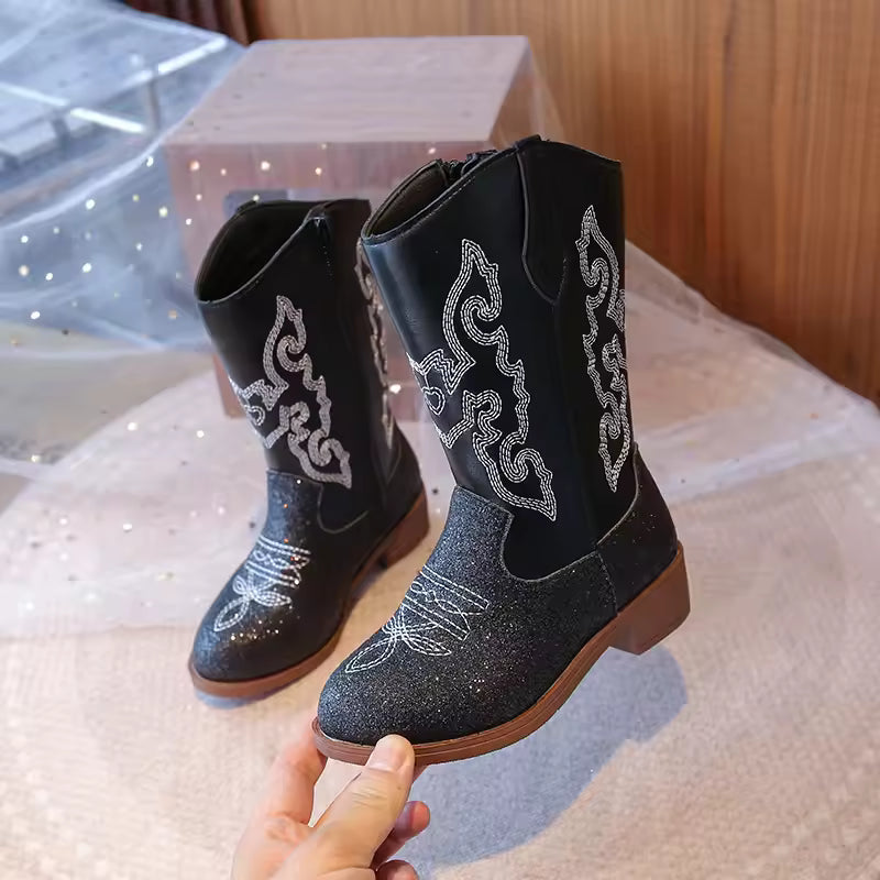 Girls Sequin Fashion Boots 2025 Autumn Comfortable Embroidered Cowboy Boot Mid Calf Zipper Anti Slip Outdoor Children Boot 27-37 - CB075