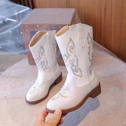 Girls Sequin Fashion Boots 2025 Autumn Comfortable Embroidered Cowboy Boot Mid Calf Zipper Anti Slip Outdoor Children Boot 27-37 - CB075