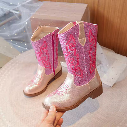 Girls Sequin Fashion Boots 2025 Autumn Comfortable Embroidered Cowboy Boot Mid Calf Zipper Anti Slip Outdoor Children Boot 27-37 - CB075