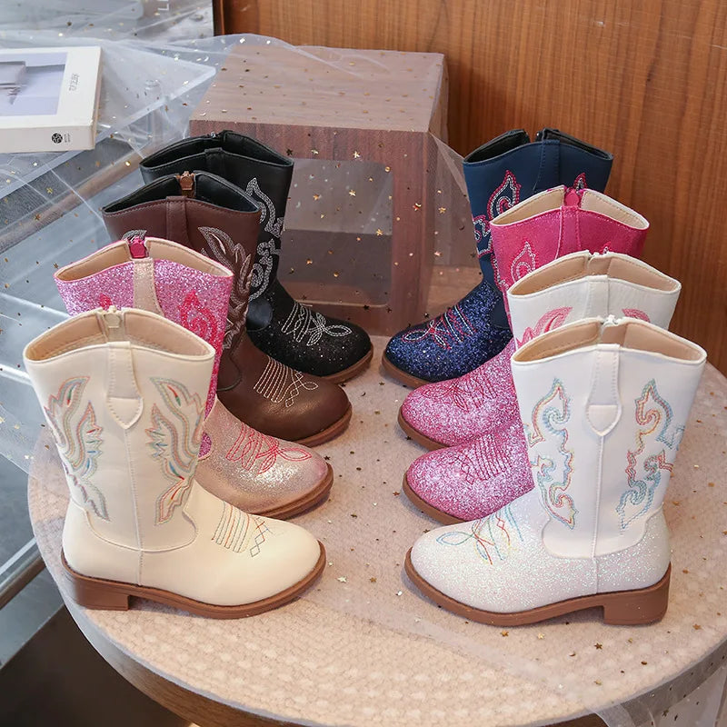 Girls Sequin Fashion Boots 2025 Autumn Comfortable Embroidered Cowboy Boot Mid Calf Zipper Anti Slip Outdoor Children Boot 27-37 - CB075