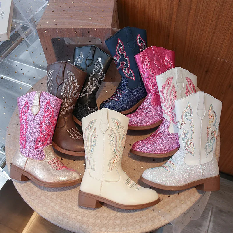 Girls Sequin Fashion Boots 2025 Autumn Comfortable Embroidered Cowboy Boot Mid Calf Zipper Anti Slip Outdoor Children Boot 27-37 - CB075