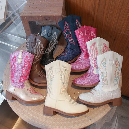 Girls Sequin Fashion Boots 2025 Autumn Comfortable Embroidered Cowboy Boot Mid Calf Zipper Anti Slip Outdoor Children Boot 27-37 - CB075