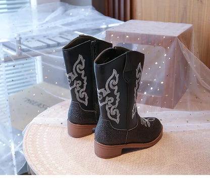 Girls Sequin Fashion Boots 2025 Autumn Comfortable Embroidered Cowboy Boot Mid Calf Zipper Anti Slip Outdoor Children Boot 27-37 - CB075