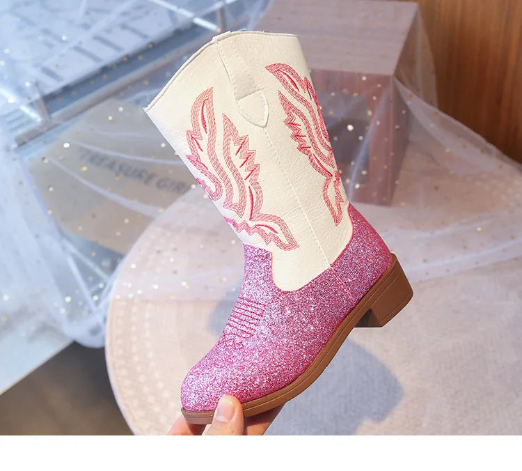 Girls Sequin Fashion Boots 2025 Autumn Comfortable Embroidered Cowboy Boot Mid Calf Zipper Anti Slip Outdoor Children Boot 27-37 - CB075