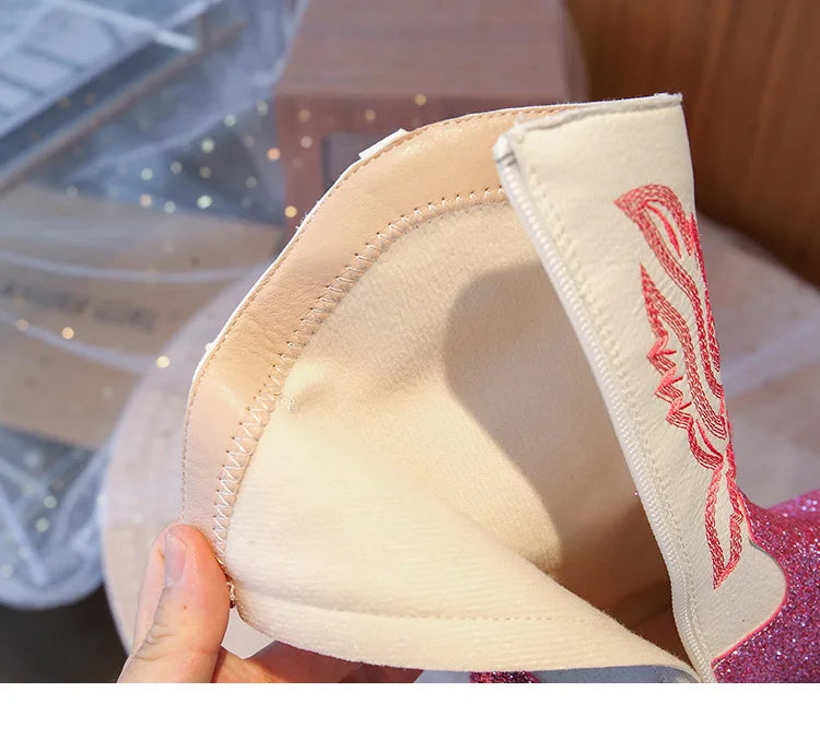Girls Sequin Fashion Boots 2025 Autumn Comfortable Embroidered Cowboy Boot Mid Calf Zipper Anti Slip Outdoor Children Boot 27-37 - CB075