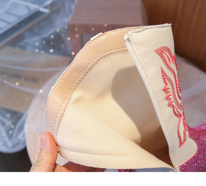 Girls Sequin Fashion Boots 2025 Autumn Comfortable Embroidered Cowboy Boot Mid Calf Zipper Anti Slip Outdoor Children Boot 27-37 - CB075