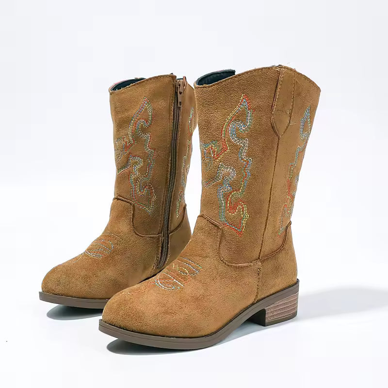 Kids Girls Fashion Metallic Cowboy Boots Mid-Calf Colorful Embroidery Side Zipper Low Heel Party Daily Footwear Multiple Colors - CB077