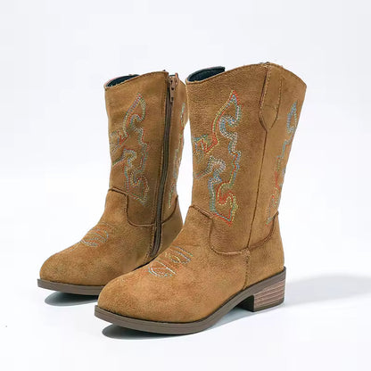 Kids Girls Fashion Metallic Cowboy Boots Mid-Calf Colorful Embroidery Side Zipper Low Heel Party Daily Footwear Multiple Colors - CB077