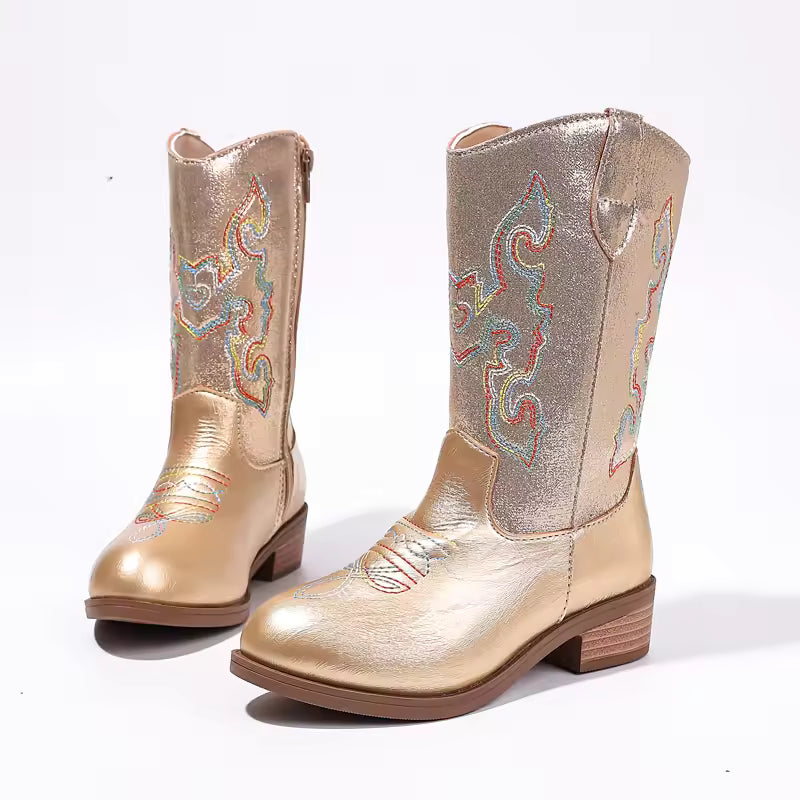 Kids Girls Fashion Metallic Cowboy Boots Mid-Calf Colorful Embroidery Side Zipper Low Heel Party Daily Footwear Multiple Colors - CB077