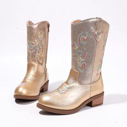 Kids Girls Fashion Metallic Cowboy Boots Mid-Calf Colorful Embroidery Side Zipper Low Heel Party Daily Footwear Multiple Colors - CB077