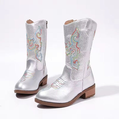 Kids Girls Fashion Metallic Cowboy Boots Mid-Calf Colorful Embroidery Side Zipper Low Heel Party Daily Footwear Multiple Colors - CB077