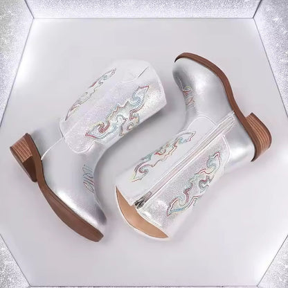 Kids Girls Fashion Metallic Cowboy Boots Mid-Calf Colorful Embroidery Side Zipper Low Heel Party Daily Footwear Multiple Colors - CB077