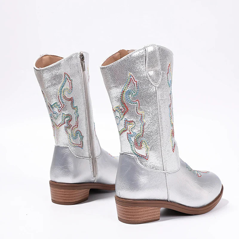 Kids Girls Fashion Metallic Cowboy Boots Mid-Calf Colorful Embroidery Side Zipper Low Heel Party Daily Footwear Multiple Colors - CB077