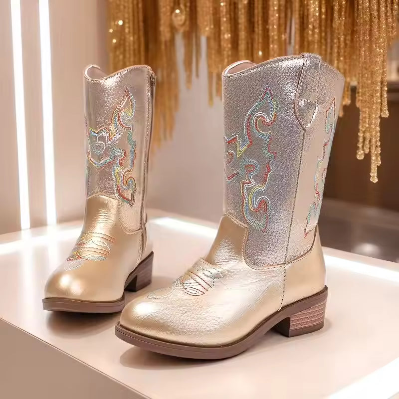 Kids Girls Fashion Metallic Cowboy Boots Mid-Calf Colorful Embroidery Side Zipper Low Heel Party Daily Footwear Multiple Colors - CB077