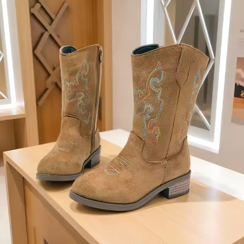 Kids Girls Fashion Metallic Cowboy Boots Mid-Calf Colorful Embroidery Side Zipper Low Heel Party Daily Footwear Multiple Colors - CB077