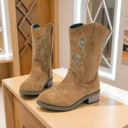 Kids Girls Fashion Metallic Cowboy Boots Mid-Calf Colorful Embroidery Side Zipper Low Heel Party Daily Footwear Multiple Colors - CB077