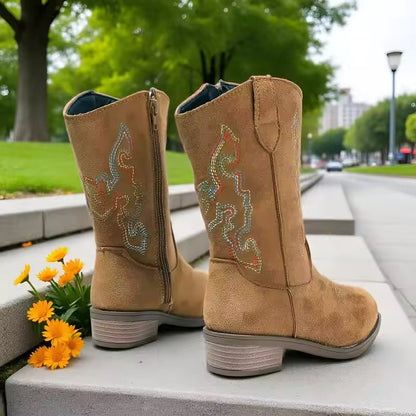 Kids Girls Fashion Metallic Cowboy Boots Mid-Calf Colorful Embroidery Side Zipper Low Heel Party Daily Footwear Multiple Colors - CB077