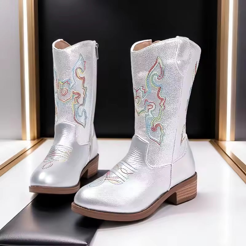 Kids Girls Fashion Metallic Cowboy Boots Mid-Calf Colorful Embroidery Side Zipper Low Heel Party Daily Footwear Multiple Colors - CB077